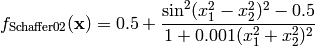 f_{\text{Schaffer02}}(\mathbf{x}) = 0.5 + \frac{\sin^2 (x_1^2 - x_2^2)^2 - 0.5}{1 + 0.001(x_1^2 + x_2^2)^2}