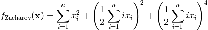 f_{\text{Zacharov}}(\mathbf{x}) = \sum_{i=1}^{n} x_i^2 + \left ( \frac{1}{2} \sum_{i=1}^{n} i x_i \right )^2 + \left ( \frac{1}{2} \sum_{i=1}^{n} i x_i \right )^4