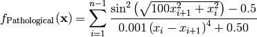 f_{\text{Pathological}}(\mathbf{x}) = \sum_{i=1}^{n -1} \frac{\sin^{2}\left(\sqrt{100 x_{i+1}^{2} + x_{i}^{2}}\right) -0.5}{0.001 \left(x_{i} - x_{i+1}\right)^{4} + 0.50}