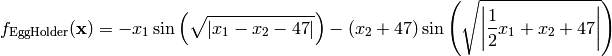 f_{\text{EggHolder}}(\mathbf{x}) = - x_{1} \sin\left(\sqrt{\lvert{x_{1} - x_{2} -47}\rvert}\right) - \left(x_{2} + 47\right) \sin\left(\sqrt{\left|{\frac{1}{2} x_{1} + x_{2} + 47}\right|}\right)