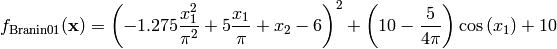 f_{\text{Branin01}}(\mathbf{x}) = \left(- 1.275 \frac{x_1^{2}}{\pi^{2}} + 5 \frac{x_1}{\pi} + x_2 -6\right)^{2} + \left(10 - \frac{5}{4 \pi} \right) \cos\left(x_1\right) + 10