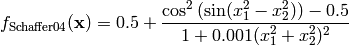 f_{\text{Schaffer04}}(\mathbf{x}) = 0.5 + \frac{\cos^2 \left( \sin(x_1^2 - x_2^2) \right ) - 0.5}{1 + 0.001(x_1^2 + x_2^2)^2}