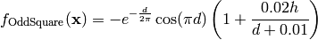 f_{\text{OddSquare}}(\mathbf{x}) = -e^{-\frac{d}{2\pi}} \cos(\pi d) \left( 1 + \frac{0.02h}{d + 0.01} \right )