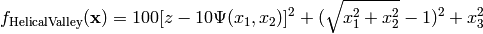 f_{\text{HelicalValley}}(\mathbf{x}) = 100{[z-10\Psi(x_1,x_2)]^2+(\sqrt{x_1^2+x_2^2}-1)^2}+x_3^2