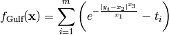 f_{\text{Gulf}}(\mathbf{x}) = \sum_{i=1}^m \left( e^{-\frac{\lvert y_i - x_2 \rvert^{x_3}}{x_1}    }  - t_i \right)