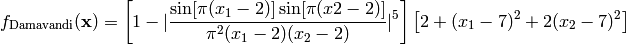 f_{\text{Damavandi}}(\mathbf{x}) = \left[ 1 - \lvert{\frac{\sin[\pi(x_1-2)]\sin[\pi(x2-2)]}{\pi^2(x_1-2)(x_2-2)}} \rvert^5 \right] \left[2 + (x_1-7)^2 + 2(x_2-7)^2 \right]