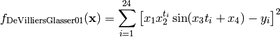 f_{\text{DeVilliersGlasser01}}(\mathbf{x}) = \sum_{i=1}^{24} \left[ x_1x_2^{t_i} \sin(x_3t_i + x_4) - y_i \right ]^2