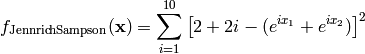 f_{\text{JennrichSampson}}(\mathbf{x}) = \sum_{i=1}^{10} \left [2 + 2i - (e^{ix_1} + e^{ix_2}) \right ]^2