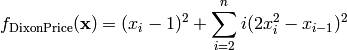 f_{\text{DixonPrice}}(\mathbf{x}) = (x_i - 1)^2 + \sum_{i=2}^n i(2x_i^2 - x_{i-1})^2