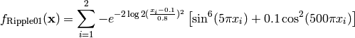 f_{\text{Ripple01}}(\mathbf{x}) = \sum_{i=1}^2 -e^{-2 \log 2 (\frac{x_i-0.1}{0.8})^2} \left[\sin^6(5 \pi x_i) + 0.1\cos^2(500 \pi x_i) \right]