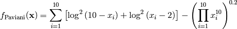 f_{\text{Paviani}}(\mathbf{x}) = \sum_{i=1}^{10} \left[\log^{2}\left(10 - x_i\right) + \log^{2}\left(x_i -2\right)\right] - \left(\prod_{i=1}^{10} x_i^{10} \right)^{0.2}