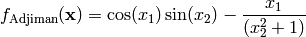 f_{\text{Adjiman}}(\mathbf{x}) = \cos(x_1)\sin(x_2) - \frac{x_1}{(x_2^2 + 1)}
