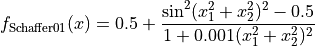 f_{\text{Schaffer01}}(x) = 0.5 + \frac{\sin^2 (x_1^2 + x_2^2)^2 - 0.5}
{1 + 0.001(x_1^2 + x_2^2)^2}