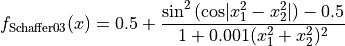 f_{\text{Schaffer03}}(x) = 0.5 + \frac{\sin^2 \left( \cos \lvert x_1^2
- x_2^2 \rvert \right ) - 0.5}{1 + 0.001(x_1^2 + x_2^2)^2}