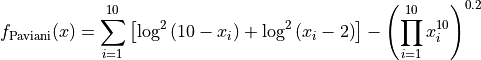 f_{\text{Paviani}}(x) = \sum_{i=1}^{10} \left[\log^{2}\left(10
- x_i\right) + \log^{2}\left(x_i -2\right)\right]
- \left(\prod_{i=1}^{10} x_i^{10} \right)^{0.2}