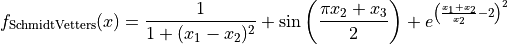 f_{\text{SchmidtVetters}}(x) = \frac{1}{1 + (x_1 - x_2)^2}
+ \sin \left(\frac{\pi x_2 + x_3}{2} \right)
+ e^{\left(\frac{x_1+x_2}{x_2} - 2\right)^2}