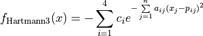 f_{\text{Hartmann3}}(x) = -\sum\limits_{i=1}^{4} c_i
e^{-\sum\limits_{j=1}^{n}a_{ij}(x_j - p_{ij})^2}