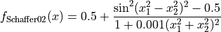 f_{\text{Schaffer02}}(x) = 0.5 + \frac{\sin^2 (x_1^2 - x_2^2)^2 - 0.5}
{1 + 0.001(x_1^2 + x_2^2)^2}