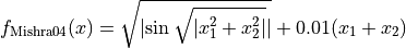 f_{\text{Mishra04}}({x}) = \sqrt{\lvert \sin{\sqrt{\lvert
x_1^2 + x_2^2 \rvert}} \rvert} + 0.01(x_1 + x_2)
