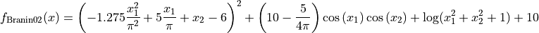 f_{\text{Branin02}}(x) = \left(- 1.275 \frac{x_1^{2}}{\pi^{2}}
+ 5 \frac{x_1}{\pi} + x_2 - 6 \right)^{2} + \left(10 - \frac{5}{4 \pi}
\right) \cos\left(x_1\right) \cos\left(x_2\right)
+ \log(x_1^2+x_2^2 + 1) + 10