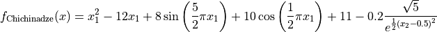 f_{\text{Chichinadze}}(x) = x_{1}^{2} - 12 x_{1} + 8 \sin\left(\frac{5}{2} \pi x_{1}\right) + 10 \cos\left(\frac{1}{2} \pi x_{1}\right) + 11 - 0.2 \frac{\sqrt{5}}{e^{\frac{1}{2} \left(x_{2} -0.5\right)^{2}}}