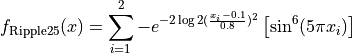 f_{\text{Ripple25}}(x) = \sum_{i=1}^2 -e^{-2 
\log 2 (\frac{x_i-0.1}{0.8})^2}
\left[\sin^6(5 \pi x_i) \right]