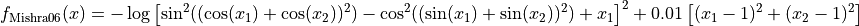 f_{\text{Mishra06}}(x) = -\log{\left [ \sin^2 ((\cos(x_1)
+ \cos(x_2))^2) - \cos^2 ((\sin(x_1) + \sin(x_2))^2) + x_1 \right ]^2}
+ 0.01 \left[(x_1 -1)^2 + (x_2 - 1)^2 \right]