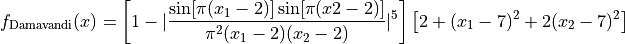 f_{\text{Damavandi}}(x) = \left[ 1 - \lvert{\frac{
\sin[\pi (x_1 - 2)]\sin[\pi (x2 - 2)]}{\pi^2 (x_1 - 2)(x_2 - 2)}}
\rvert^5 \right] \left[2 + (x_1 - 7)^2 + 2(x_2 - 7)^2 \right]
