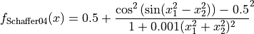 f_{\text{Schaffer04}}(x) = 0.5 + \frac{\cos^2 \left( \sin(x_1^2 - x_2^2)
\right ) - 0.5}{1 + 0.001(x_1^2 + x_2^2)^2}^2
