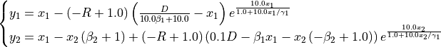 \begin{cases}
y_1 = x_{1} - \left(- R + 1.0\right) \left(\frac{D}{10.0 \beta_{1} + 10.0} - x_{1}\right) e^{\frac{10.0 x_{1}}{1.0 + 10.0 x_{1} / \gamma_{1}}} \\
y_2 = x_{1} - x_{2} \left(\beta_{2} + 1\right) + \left(- R + 1.0\right) \left(0.1 D - \beta_{1} x_{1} - x_{2} \left(- \beta_{2} + 1.0\right)\right) e^{\frac{10.0 x_{2}}{1.0 + 10.0 x_{2} / \gamma_{1}}} \\
\end{cases}
