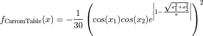 f_{\text{CarromTable}}(x) = - \frac{1}{30}\left(\cos(x_1)cos(x_2) e^{\left|1 - \frac{\sqrt{x_1^2 + x_2^2}}{\pi}\right|}\right)^2