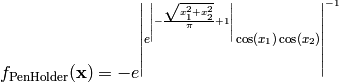 f_{\text{PenHolder}}(\mathbf{x}) = -e^{\left|{e^{\left|{- \frac{\sqrt{x_{1}^{2} + x_{2}^{2}}}{\pi} + 1}\right|} \cos\left(x_{1}\right) \cos\left(x_{2}\right)}\right|^{-1}}