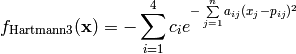 f_{\text{Hartmann3}}(\mathbf{x}) = -\sum\limits_{i=1}^{4} c_i e^{-\sum\limits_{j=1}^{n}a_{ij}(x_j - p_{ij})^2}