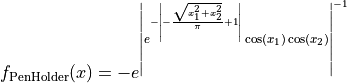 f_{\text{PenHolder}}(x) = -e^{\left|{e^{-\left|{- \frac{\sqrt{x_{1}^{2}
+ x_{2}^{2}}}{\pi} + 1}\right|} \cos\left(x_{1}\right)
\cos\left(x_{2}\right)}\right|^{-1}}