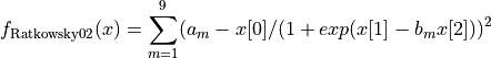 f_{\text{Ratkowsky02}}(x) = \sum_{m=1}^{9}(a_m - x[0] / (1 + exp(x[1]
- b_m x[2]))^2