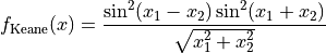 f_{\text{Keane}}(x) = \frac{\sin^2(x_1 - x_2)\sin^2(x_1 + x_2)}
{\sqrt{x_1^2 + x_2^2}}